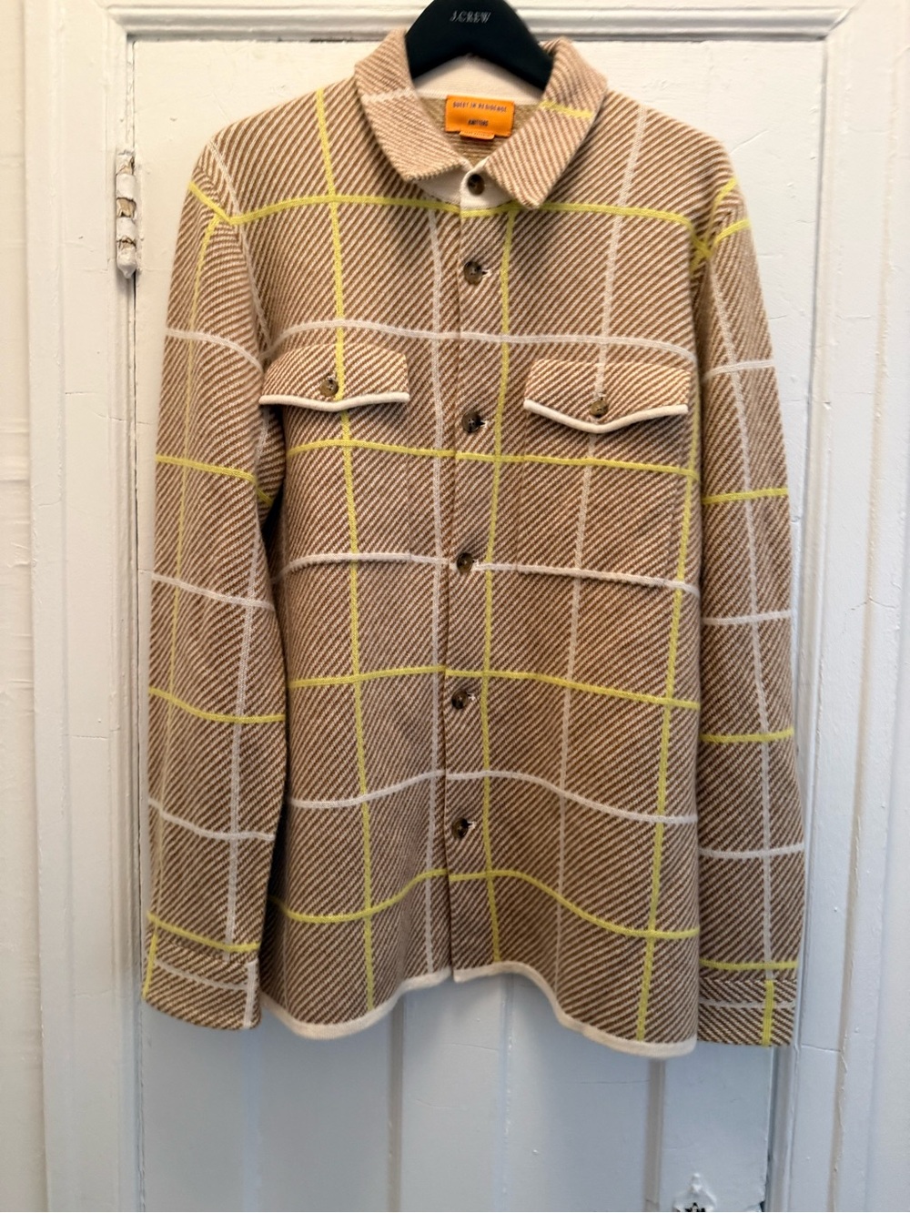 Guest In Residence Cashmere Plaid Shacket in Tan with Yellow & Cream Windowpane